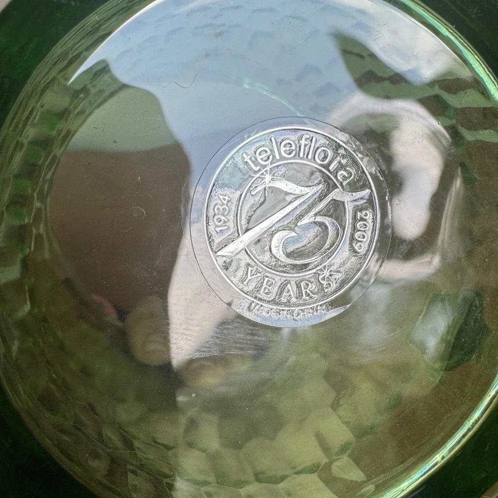 Teleflora 75 Years‎ Anniversary Green Glass Pitcher Honeycomb Ribbed Vintage